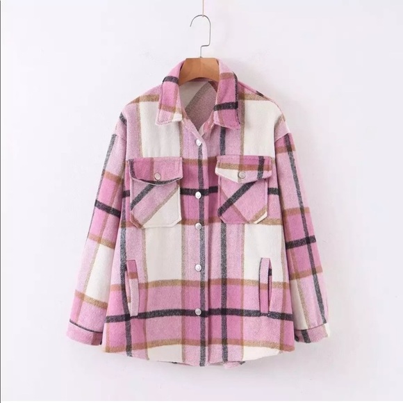 CHIBI PINK PLAID FLANNEL POCKET BUTTON UP SHACKET - Picture 4 of 5